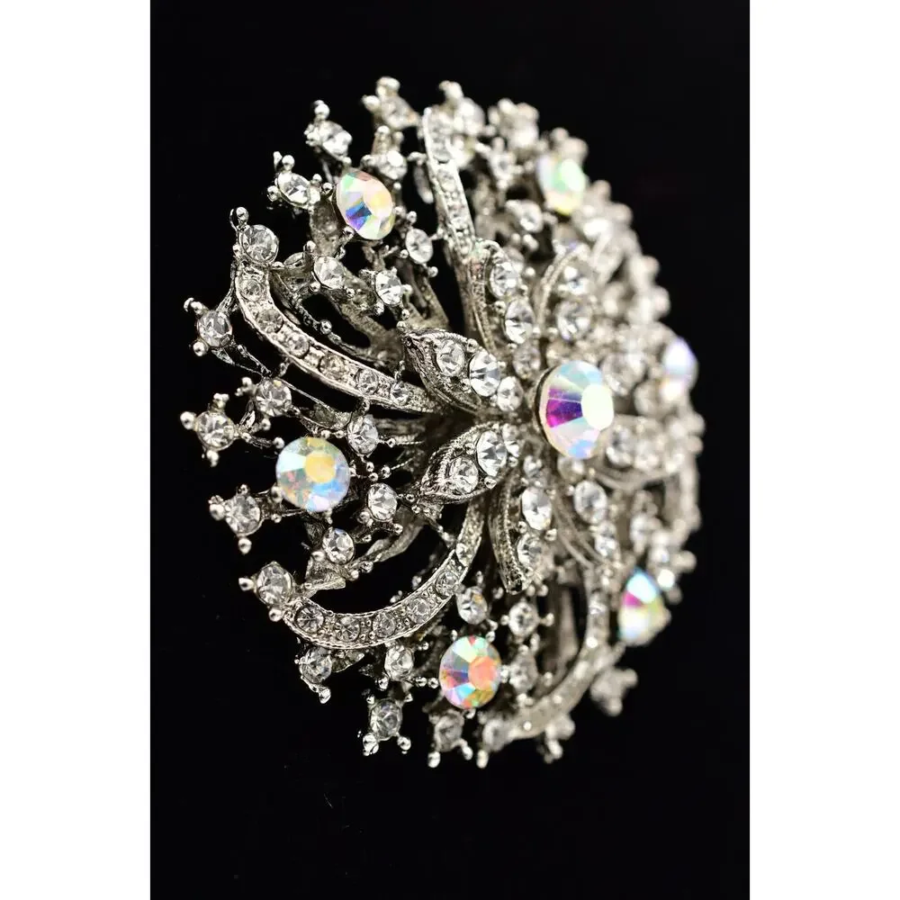 Vintage AB Aurora Borealis Rhinestone Flower Burst Brooch Pin Crystal Y2K A26